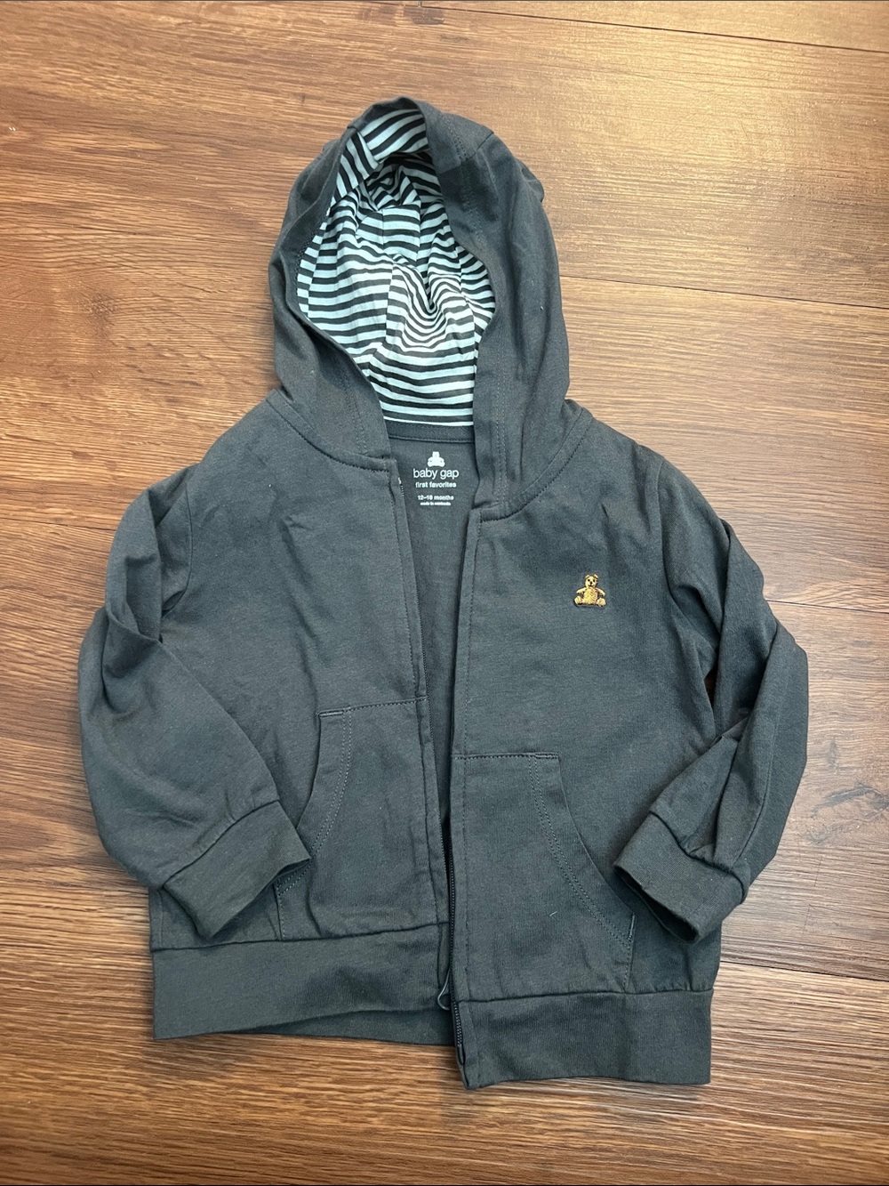 GAP Black Kids Hooded Zip Sweatshirt with Striped Hood Lining